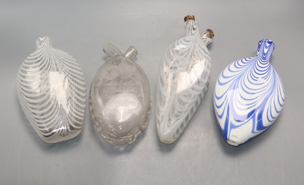 Four Nailsea glass flasks